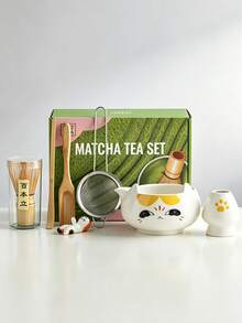 Gift Box Ceramic & Bamboo Matcha Tool Set, Cartoon Cat Face Matcha Bowl & Whisk Stand Combo, Japanese Healing Cute Style, Portable Afternoon Tea Tea Ceremony Utensils Gift - Multicolor - View 7