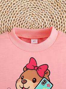 Young Girl Crew Neck Cartoon Graphic Long Sleeve Sweatshirt And Leggings Set - Pink - View 4