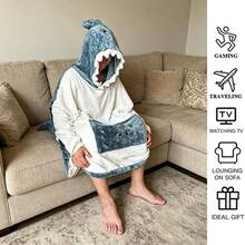 SunBritly Cobertor de Tubarão Azul Unissex Oversized, Moletom com Capuz Confortável para Mulheres, Cobertor de Animal Vestível, Grosso e Quente com Grande Bolso Frontal Verde, Fantasia de Tubarão Tamanho Adulto, Presente para Amantes de Tubarão - Tubarão Azul - Visão 5