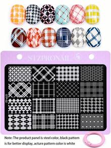 7Pcs Nail Stamping Plates Set With Pink Alloy Buckle, Stainless Steel Nail Art Template With Cherry Blossom Plaid Check Lace Mesh Heart Bow Music Note Pattern, Sweet Y2K Girly Nail Stamp Plate With Metal Rings For Salon DIY Manicure Accessories - Multicolor - View 4