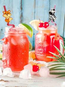 6pcs/Set Creative Multi-Color Transparent Animal Themed Straws, Reusable Jungle Animal Plastic Straws | Suitable For Lion, Fox, Zebra, Giraffe Wildlife Zoo Birthday Party Supplies, Forest Party Gift Decoration - View 3