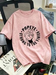 Camiseta de manga corta con cuello redondo para mujer, nuevo estampado de dibujos animados y letras de verano, top casual holgado y versátil, uso diario de moda en color rosa - Rosa - Ver 8