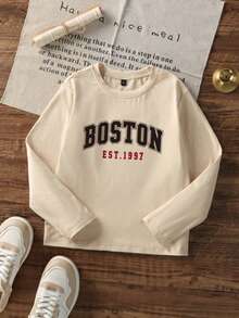 Boys Crew Neck Long Sleeve T-Shirt, Vintage Boston EST.1997 Letter Print Fall Winter Casual Top For School Daily Wear - Apricot - View 3