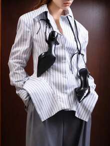 Women's Fashion Commuter Long Sleeve Collared Asymmetric Waist Striped Shirt (With Shoulder Pads) Front Placket Button Asymmetric Design Office Daily Date Style - Blue and White Stripes - View 4