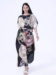 2件組（1件披肩 + 1件小圍巾）女款輕量復古優雅條紋花卉印花仿絲綢套頭圍巾組，適合春夏海灘休閒度假，多功能防曬披肩 - 彩色 - 查看 3
