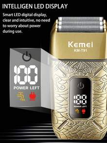 Kemei 男士專業電動刮鬍機 鬍鬚修剪器 三浮動刀頭 USB充電式面部刮鬍刀 乾濕兩用 LED顯示 理髮店震盪式刮鬍機 可拆卸刀頭易於清潔 1400mAh大容量長效電池 - 彩色 - 查看 8