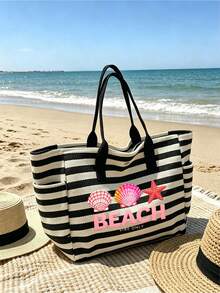 1/2件組條紋托特包與化妝包套裝，印花「Beach」圖案，適合度假、旅行、通勤、購物，送給家人與朋友的禮物 - 彩色 - 查看 8