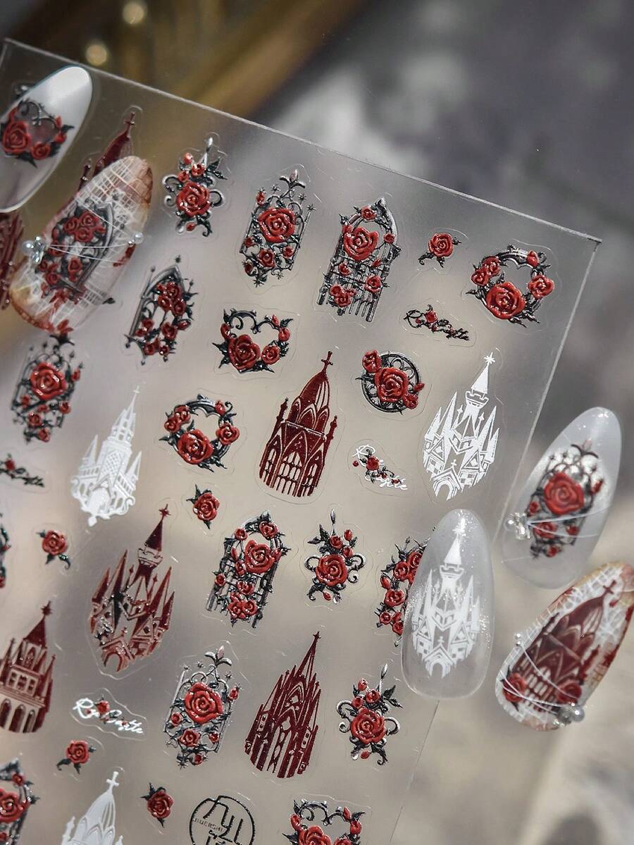 萬聖節深紅色玫瑰美甲貼紙 3D 浮雕哥德式城堡與荊棘花環 自黏式美甲貼片 霧面酒紅復古亮面 Dark Academia 哥德 Grunge Y2K 龐克風 適合 DIY 自居家美甲、沙龍穿戴甲與節日哥德造型 1 張