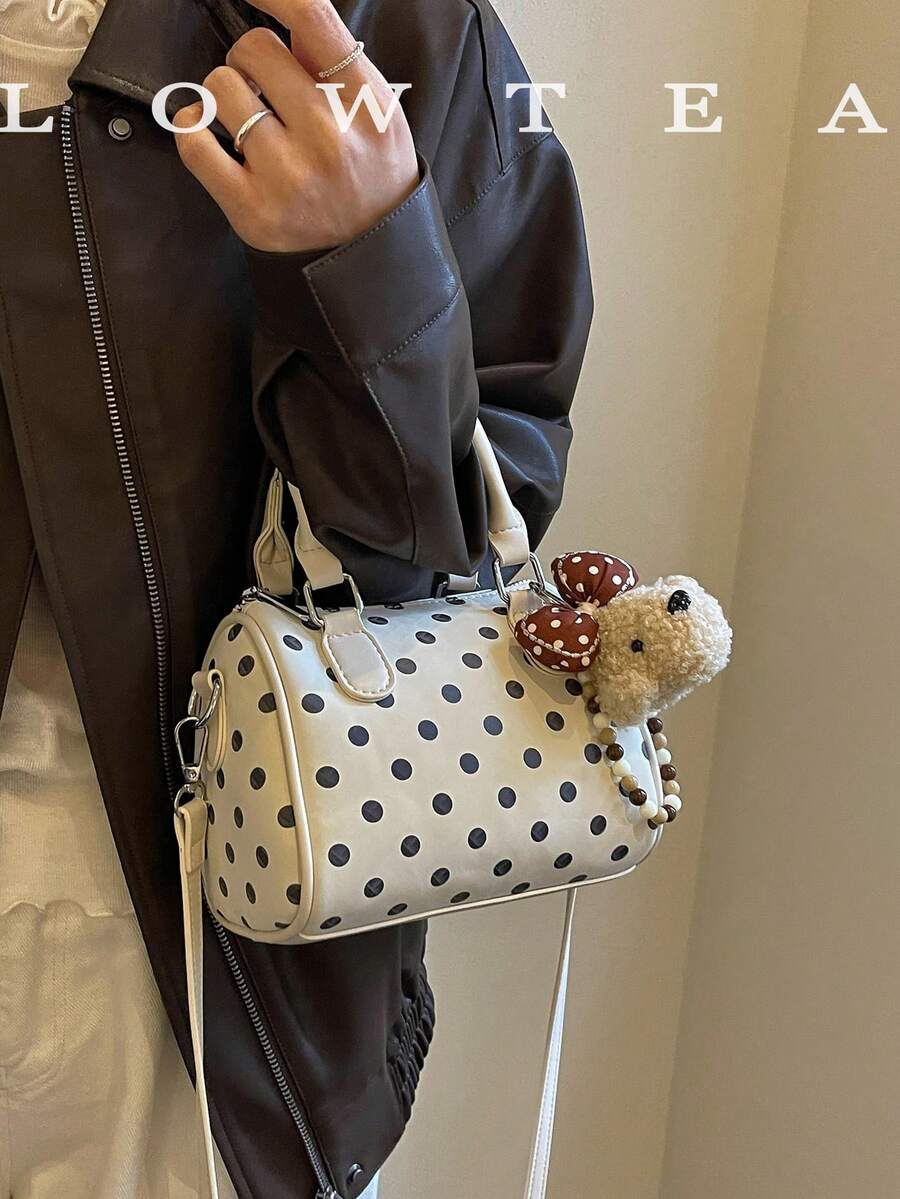 Low Tea 1pc Polka Dot PU Fabric Handbag, Women's Vintage Fashion Bowling Bag, Top Double Handle Design, Zipper Closure, Shoulder Strap For Shoulder, Crossbody, Hand Carry, Suitable For Commuting, Outdoor, Travel, Outing (With Pendant)