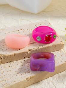 1 Set de 3 Anillos Elegantes Minimalistas de Moda con Paleta de Colores Dopamina Incrustados con Strass, Adecuados para el Uso Diario y Fiestas de Mujeres - Multicolor - Ver 2