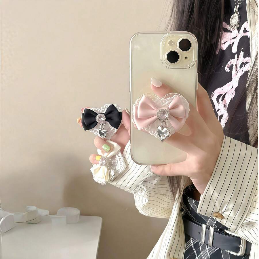 1pc Luxury Phone Stand, Exquisite Lace Bowknot, Sparkling Rhinestone Heart Design. Fashionable Niche Pendant Accessory, Suitable For Girls. Adhesive Retractable Finger Ring Holder, Perfect For Watching Movies And Videos