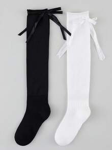2/3 Pairs Random Black & White Back Bow Ruched Knee-High Socks For Women - Black and White - View 2