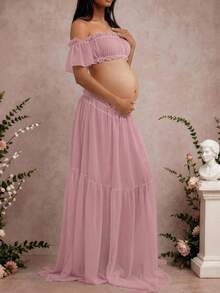Maternity Sleeveless Ruched Dress, Chiffon Moderate Stretch Ruffle Detail Front Slit Ruched Hem, Maternity Photography Baby Shower Party Dress Pink - Pink - View 5