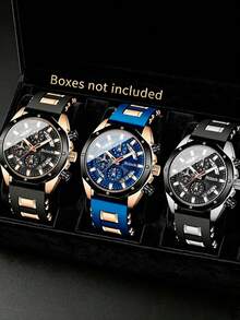 2pcs Men's Rugged Style Silicone Strap Quartz Watches, Available In Black-Gold And Blue-Gold Colors. Octagonal Durable Case With Large Dial, Practical Functions. Silicone Strap Is Skin-Friendly And Breathable, Metal Crown And Buttons Have Premium Feel. - Multicolor - View 9