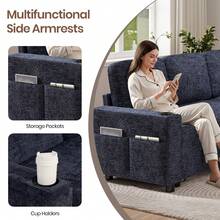 Corner Sofa Bed, L-Shaped Sleeper Sectional Couch Bed, 3 In 1 Chenille Convertible Pull Out Sofa Bed With Storage Chaise And Cup Holder For Living Room, Grey - Chenille Dark Blue - 3-seater - View 3