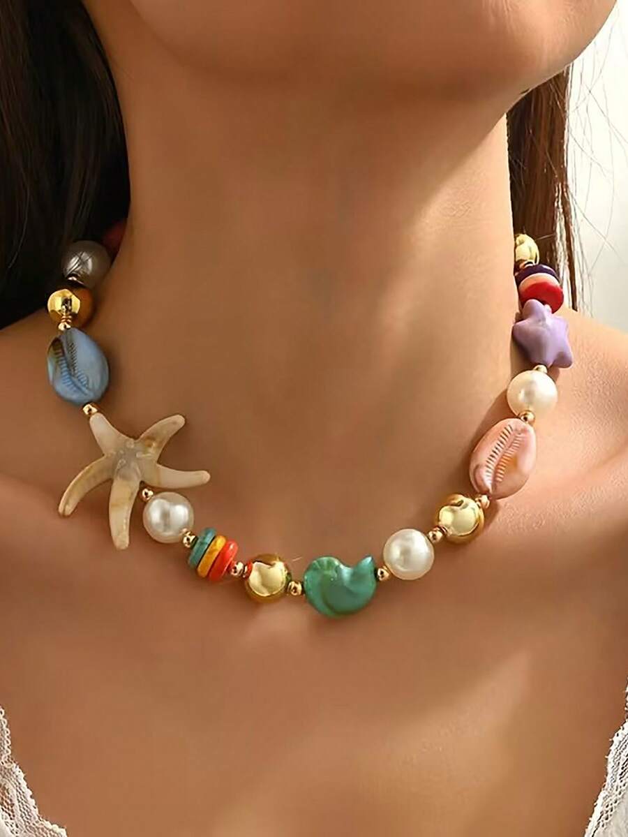 1pc Vacation Accessory Exaggerated Large Acrylic Starfish & Seashell Beaded Necklace, Beach Style Collarbone Chain - Multicolor - View 1