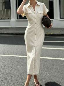 DEEKA New Fashion Casual Minimalist Waist Pleated Short Sleeve Elegant Midi Dress - Beige - View 3