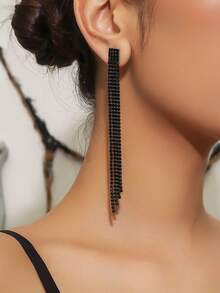 1 Pair Vintage Minimalist Tassel Earrings For Women, Party, Evening, Daily Accessory - Black - View 2