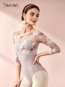 DonsGirl 1pc Women's 3/4 Sleeve Floral Mesh Patchwork Ballet Leotard, Boat Neck Deep V Back Slim Fit Jumpsuit, Suitable For Ballet Class, Rhythmic Gymnastics And Stage Performance - 淺灰紫 - 查看 3