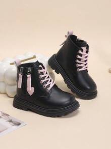 1 Pair Girls' Boots, Solid Color Matte PU With Heart Pattern Decor, Side Zipper & Front Lace-Up Design, Round Toe, Warm Thick Sole, Height-Increasing, Durable, British Style Fashion Ankle Boots, Suitable For Boys & Girls Students, Daily Casual, Vacation, Party, Outdoor Wear, Autumn/Winter New - Black - View 6