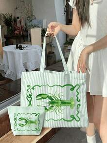 Casual Striped Canvas Tote Bag, Fun Lobster Print, Large Capacity Summer Beach Shoulder Bag, With Small Makeup Bag, Women's Casual Travel Shopping Handbag, Zipper Coin Purse, Daily Casual Handbag, Suitable For Beach, Travel, Camping, School, Outdoor Activities, Daily Life, Unique Birthday Gift, Holiday Gift, Party Gift, Vacation Gift, Back To School Gift - Multicolor - View 17