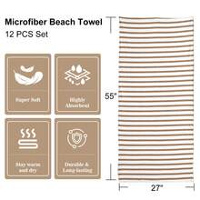 12 Pack Oversized Microfiber Bath Towels, Cabana Striped Beach Towels Set, 27x55 Inch Large Super Absorbent Quick Dry Towels, Windproof & Sunscreen, Ideal For Beach, Travel, Camping, Pool, Vacation, Summer Essential Gift For Men Women Family - 卡其色 - 查看 4