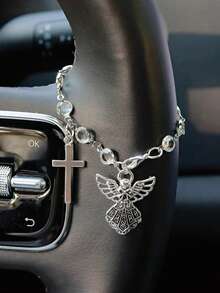 Vintage Silver Angel Cross Car Decor Chain Multi-Use Steering Wheel Wrap, Rearview Mirror Pendant Handbag Charm & Bracelet For Women Religious Auto Interior Decor - Angel - View 1