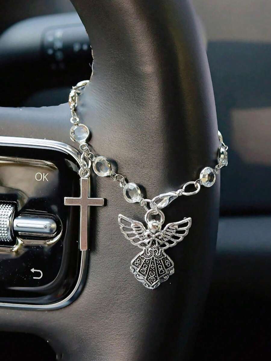 Vintage Silver Angel Cross Car Decor Chain Multi-Use Steering Wheel Wrap, Rearview Mirror Pendant Handbag Charm & Bracelet For Women Religious Auto Interior Decor - Angel - View 1