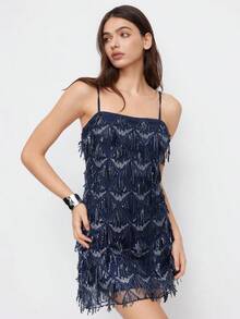 Glam Sequin Fringe Cami Mini Dress Women Bodycon Party Stage Performance Dress - 藍色 - 查看 6