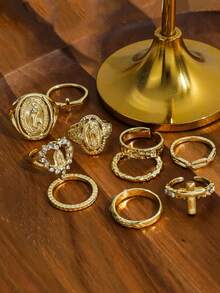 10 piezas de anillos de cruz dorados vintage, anillos apilables de banda fina con cruz hueca tallada y corazón, conjunto de joyería de mano versátil y personalizado de estilo hip hop para mujeres - Dorado - Ver 1
