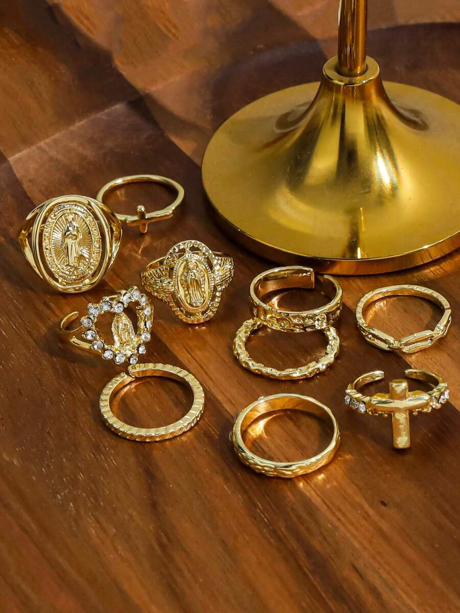10 piezas de anillos de cruz dorados vintage, anillos apilables de banda fina con cruz hueca tallada y corazón, conjunto de joyería de mano versátil y personalizado de estilo hip hop para mujeres - Dorado - Ver 1