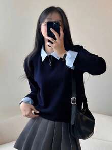 女款 2-in-1 Polo領內搭毛衣，短版寬鬆針織上衣，休閒慵懶風，秋冬款 - 藏蓝色 - 查看 2
