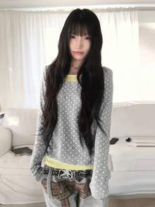 Kaos Lengan Panjang Polkadot 2-in-1 Wanita, Atasan Dalaman Slim Fit Berhiaskan Rhinestone untuk Awal Musim Semi, Desain Menawan, Gaya Seksi - Grey - View 1