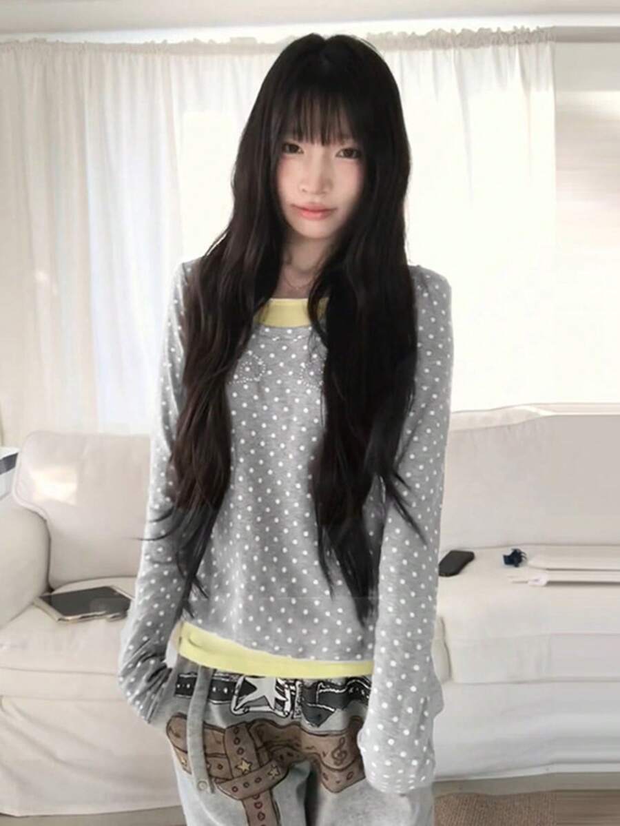 Kaos Lengan Panjang Polkadot 2-in-1 Wanita, Atasan Dalaman Slim Fit Berhiaskan Rhinestone untuk Awal Musim Semi, Desain Menawan, Gaya Seksi - Grey - View 1