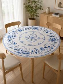 1pc Chinese Style Blue Floral Round Elastic Tablecloth, Minimalist Elegant Polyester Fitted Table Cover With Blue And White Porcelain Peony Print, Suitable For Dining Room, Kitchen, Patio, Autumn Decor, Wedding Decor, Room Decor And Home Decor - Multicolor - View 7
