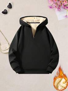 Women's Winter Fleece Half-Zip Hooded Sweatshirt, Warm Sports Top, Suitable For Running, Cycling, Basketball, Gym Workout And Casual Wear - Black - View 3