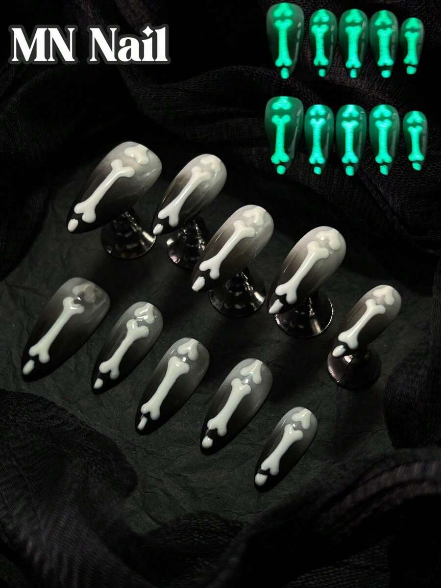 10片手工全覆蓋杏仁形穿戴甲，黑白配色，萬聖節哥德暗黑風，4種尺寸可選，適合日常佩戴、派對、Cosplay，可重複使用，附指甲膠與指甲锉