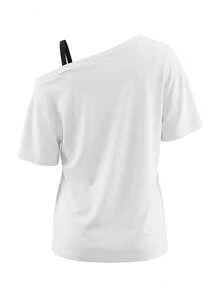 American Style Graphic Print Asymmetrical Shoulder Short Sleeve T-Shirt, Sexy Loose Unique Chic Top For Women, Summer White - White - View 11