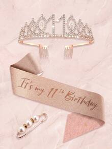 3rd To 100th Milestone Birthday Tiara & Sash Set With Pearl Brooch, Rose Gold Crystal Crown, Birthday Party Decorations Gift For Women & Girls - Multicolor - View 24