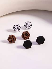 1 Set Maillard Leopard Print Geometric Stud Earrings Set, Personalized Sweet Cool Style Earring Jewelry Set, Suitable For Daily Wear - Multicolor - View 4