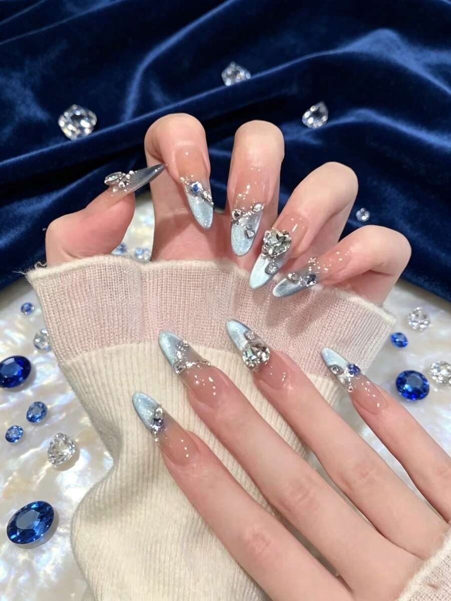 10pcs Handmade Long Almond Shape Press-On Nail Set, Transparent Gradient Light Blue Cat Eye Style, Rhinestone Decorated, Reusable Removable Adhesive Fake Nail Tips, Includes Nail Tools, Suitable For Wedding, Date, Party