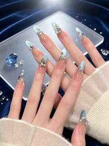 10pcs Handmade Long Almond Shape Press-On Nail Set, Transparent Gradient Light Blue Cat Eye Style, Rhinestone Decorated, Reusable Removable Adhesive Fake Nail Tips, Includes Nail Tools, Suitable For Wedding, Date, Party - Dusty Blue - View 3