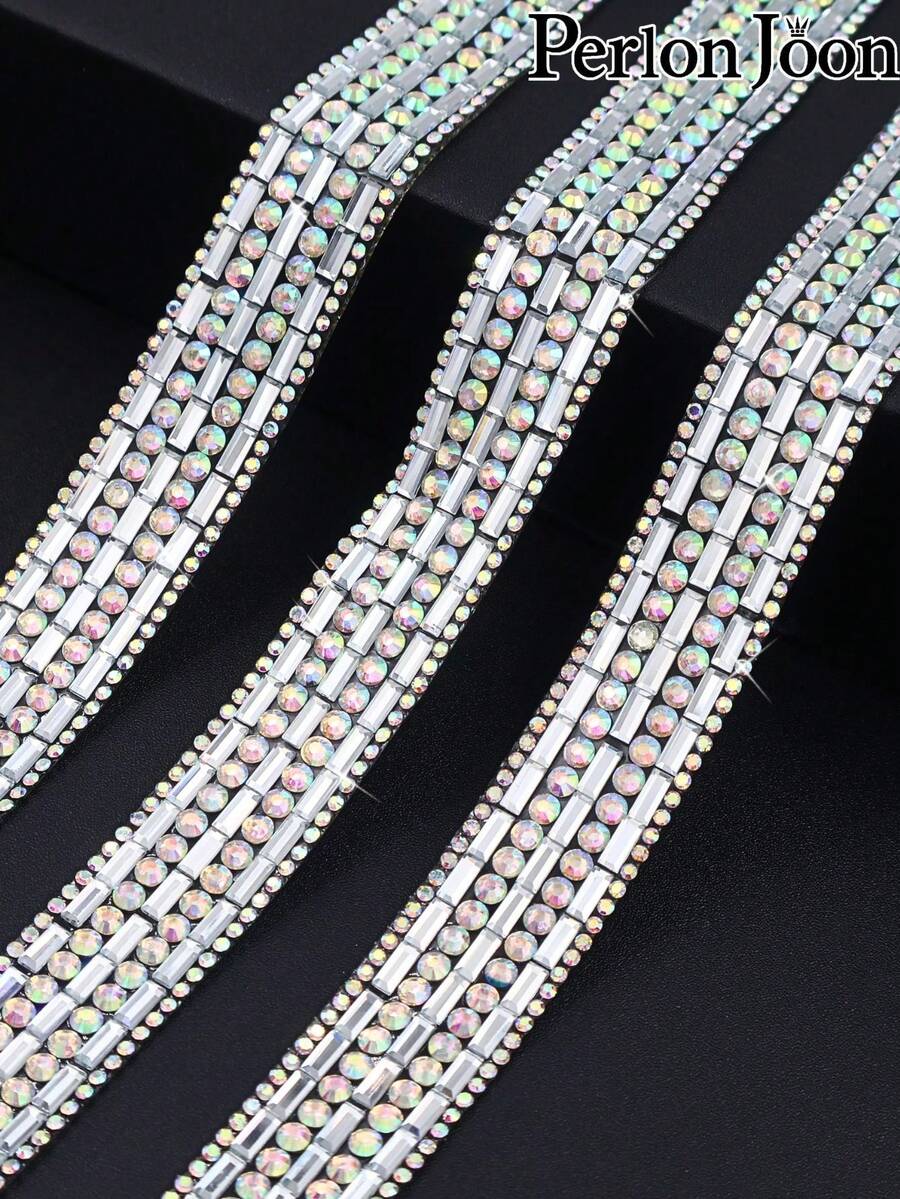 2Yard/72Inch White Hot Fix Rhinestone Glass Ribbon Crystal Bling Stickers Bedazzling Strips Rhinestone Trim Chain Tape Decorative Shoes Clothing Accessories - E 2 Yards/72 Inches - View 1