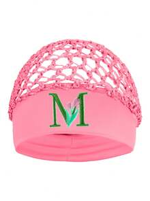 Floral Embroidered Letter Mesh Cap For Women - Personalized Initial Alphabet Elastic Wide Band Hair Bonnet, Crochet Hollow Out Night Sleep Hat - Pink - View 19