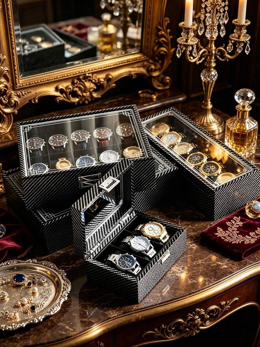 2/3/6/10/12 Slots Carbon Fiber Texture Multi-Grid Watch Storage Box, Transparent Visible Dust-Proof Watch Display Box, Large Capacity Watch Storage Box For Home Vanity, Travel And Watch Collection
