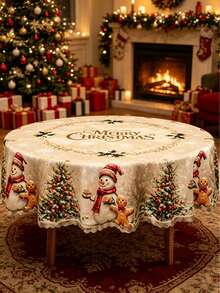 1pc Christmas Tablecloth, Gingerbread Man & Snowman Pattern Round/Oval Tablecloth, Christmas Party Supplies, Merry Christmas Tablecloth, Christmas Table Center Decoration, Christmas Eve Decoration Tablecloth, Christmas Decoration, Christmas Gift, Party Gift, Christmas Home Decor, Room Decor, Kitchen Tablecloth, Christmas, Christmas Party, Halloween, 2027 New Year, New Year Gift, Winter - Retro Snowman Gingerbread Man - View 10