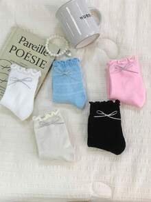 1/5 Pairs Spring/Summer Thin Breathable Lace Wire Bow Sweet Mid-Calf Socks - Multicolor - View 3