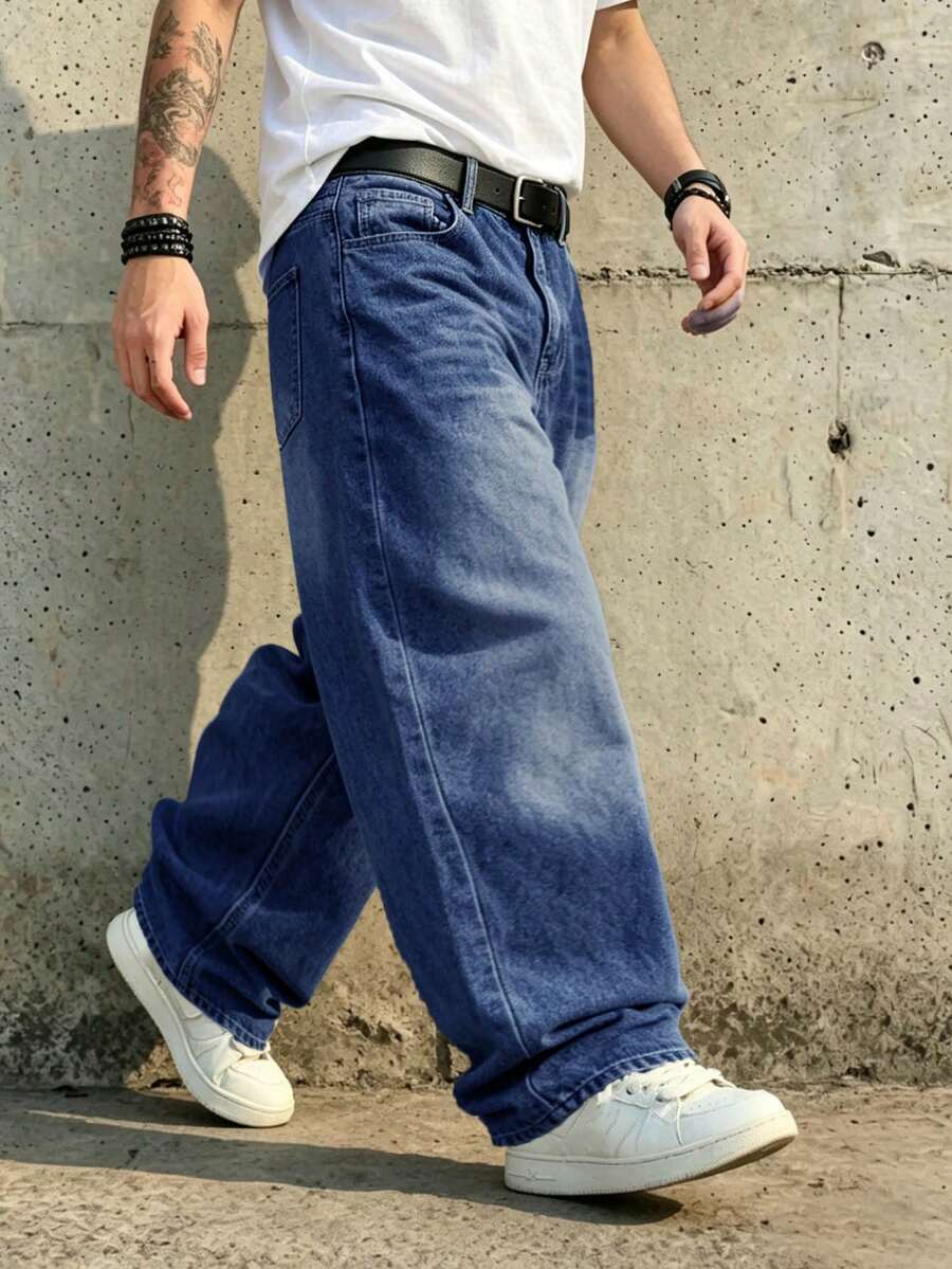 1件美式復古水洗超寬鬆寬腿男士牛仔褲,無彈力,適合休閒與工作穿著 - 深色水洗藍 - 查看 1