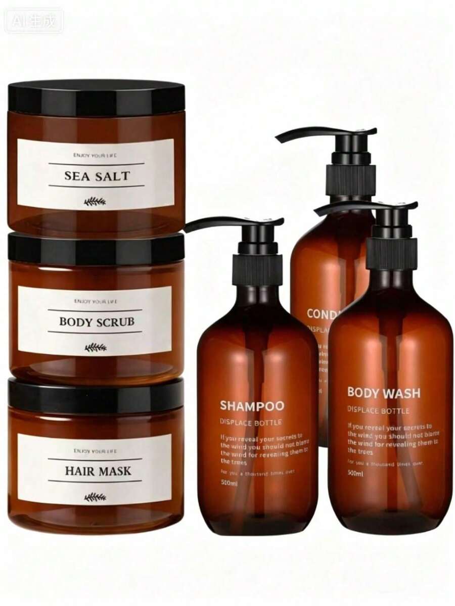 3 PiecesDispenser Bottle Set + 3 PiecesJar Set, 3 Bottles 500ml Brown Long-Neck Pump Bottles For Shampoo, Body Wash, Conditioner, Refill Bottles, Bath Salts, Lotion, Massage Cream Jars - Brown - View 1