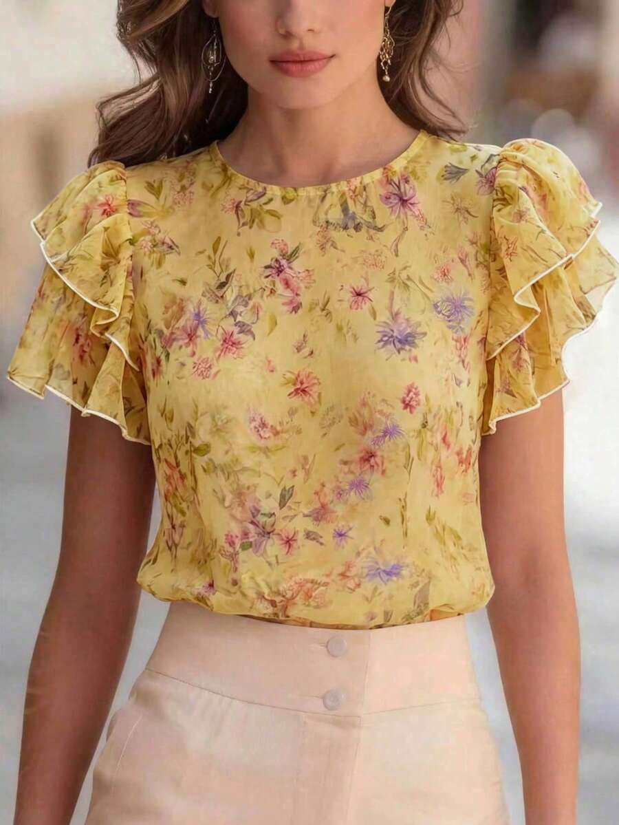 2026新款碎花荷葉邊透視雪紡襯衫，水彩淡黃色花卉，森女鄉村風，適合夏季度假、日常休閒穿著、野餐，大尺碼友善，波希米亞風